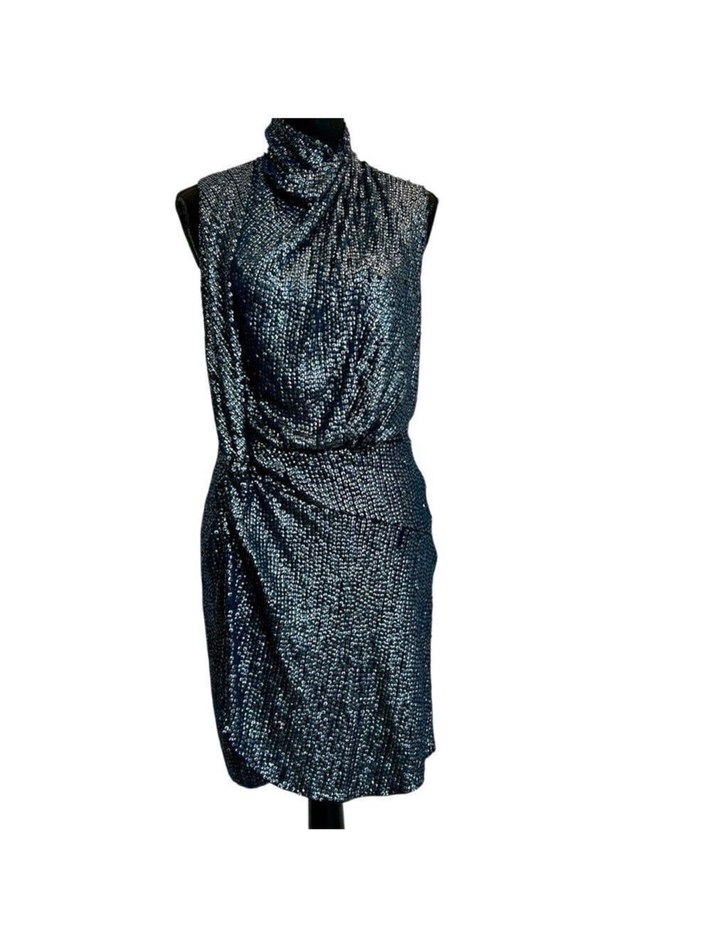 Haute Hippie blue sequin high neck twist front and open back mini cocktail dress